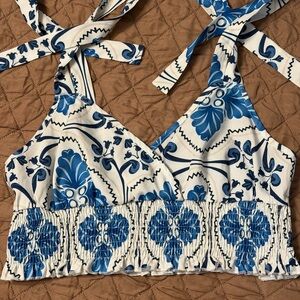 SHEIN White and Blue Floral Smocked Halter Crop Top